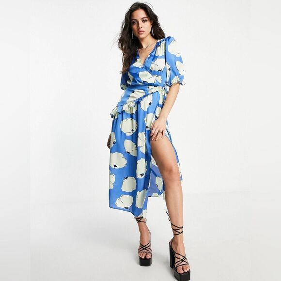 NWT Topshop blue splodge flower ruffle textured wrap midi Dress in Blue Size 6 - Picture 2 of 15